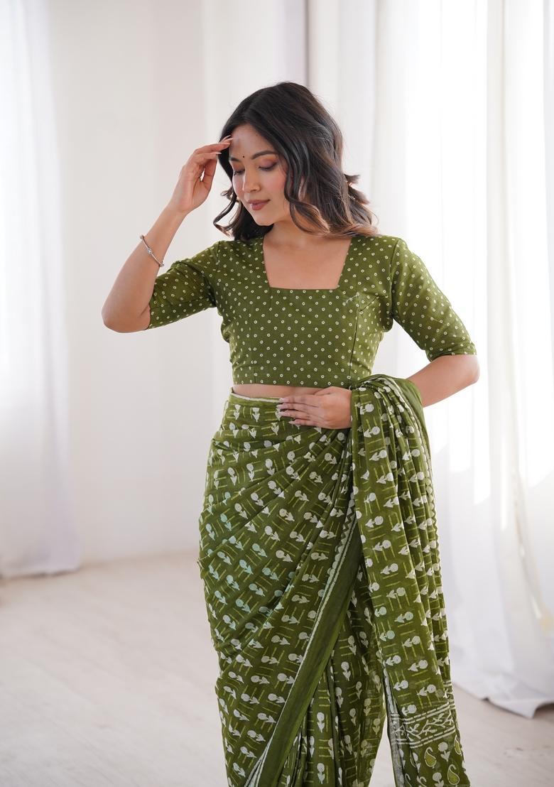 Green Printed Cotton Saree - Indya