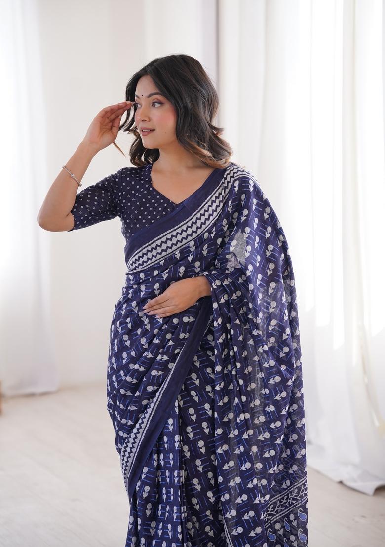 Indigo Blue Printed Cotton Saree - Indya