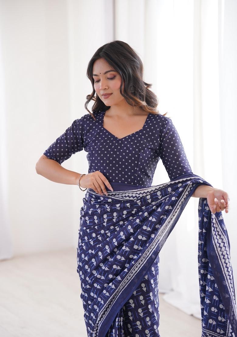 Indigo Blue Printed Cotton Saree - Indya