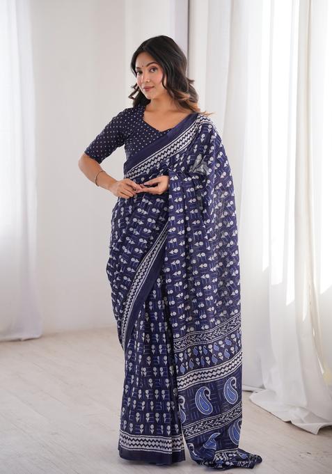 Indigo Blue Printed Cotton Saree