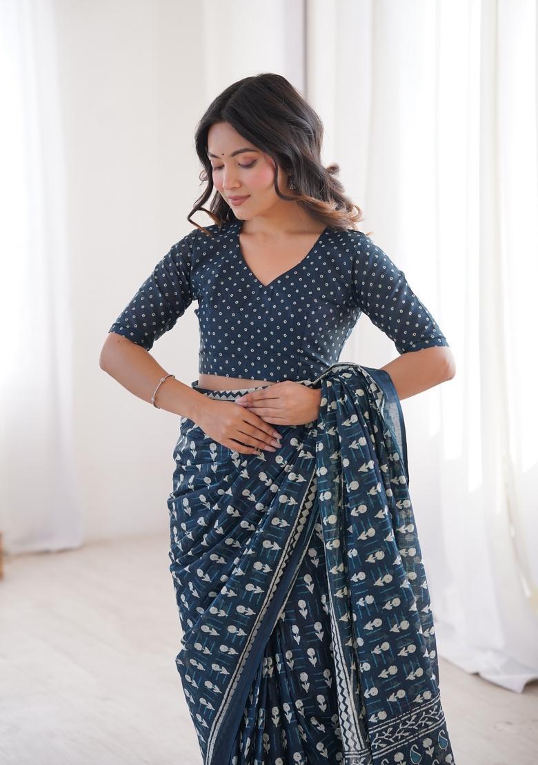 Navy Blue Printed Cotton Saree - Indya