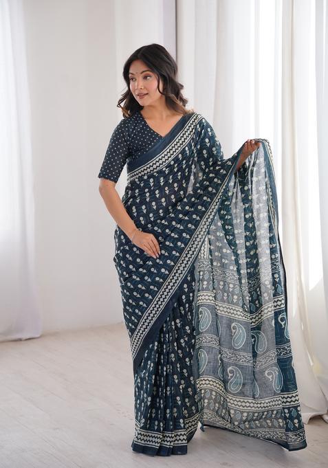 Navy Blue Printed Cotton Saree