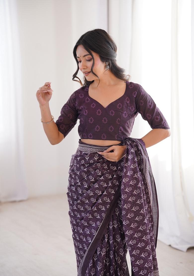 Purple Printed Cotton Saree - Indya