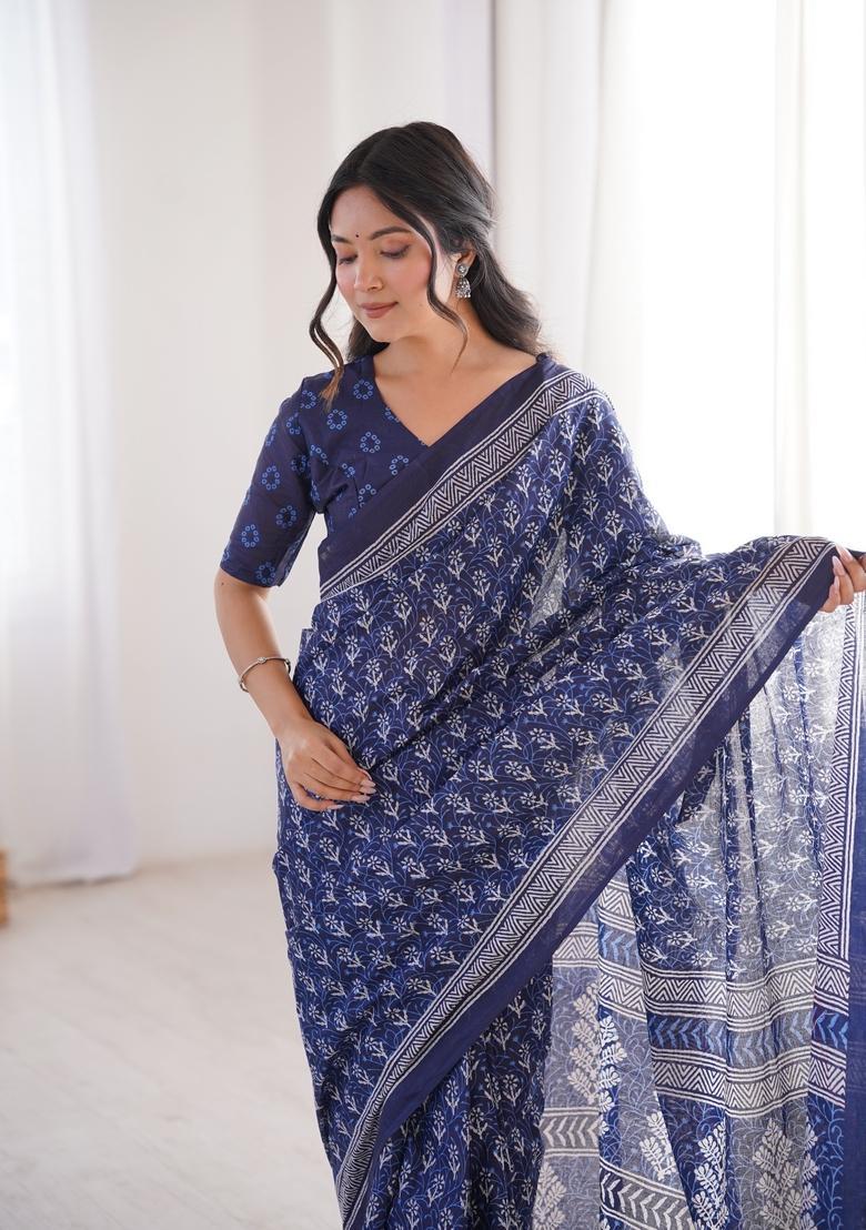 Indigo Printed Cotton Saree - Indya