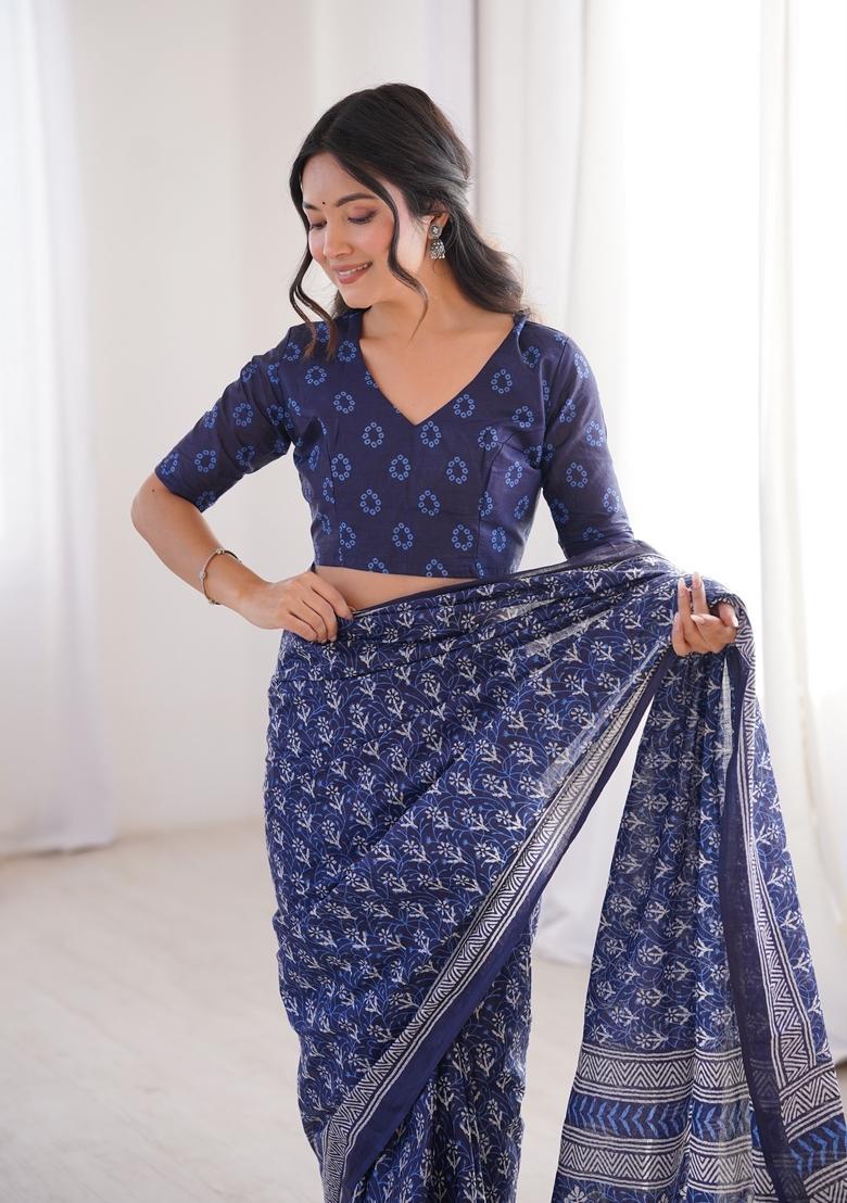Indigo Printed Cotton Saree - Indya