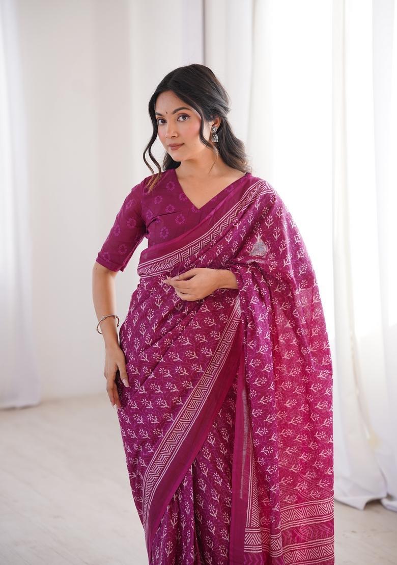 Pink Printed Cotton Saree - Indya