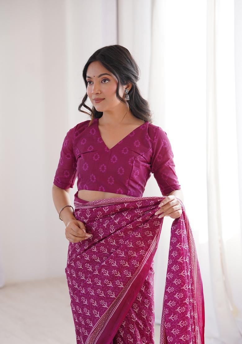 Pink Printed Cotton Saree - Indya
