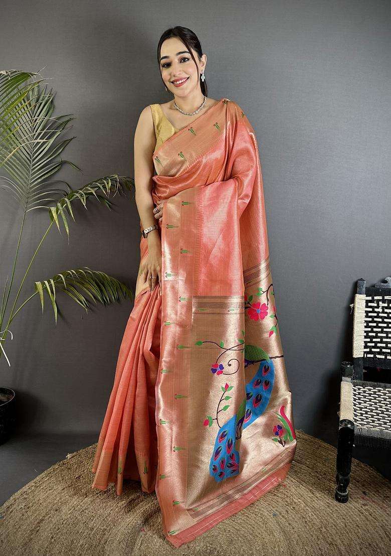 Light Orange Motif Tissue Saree Set for Diwali | Wedding & Festive Wear - Indya