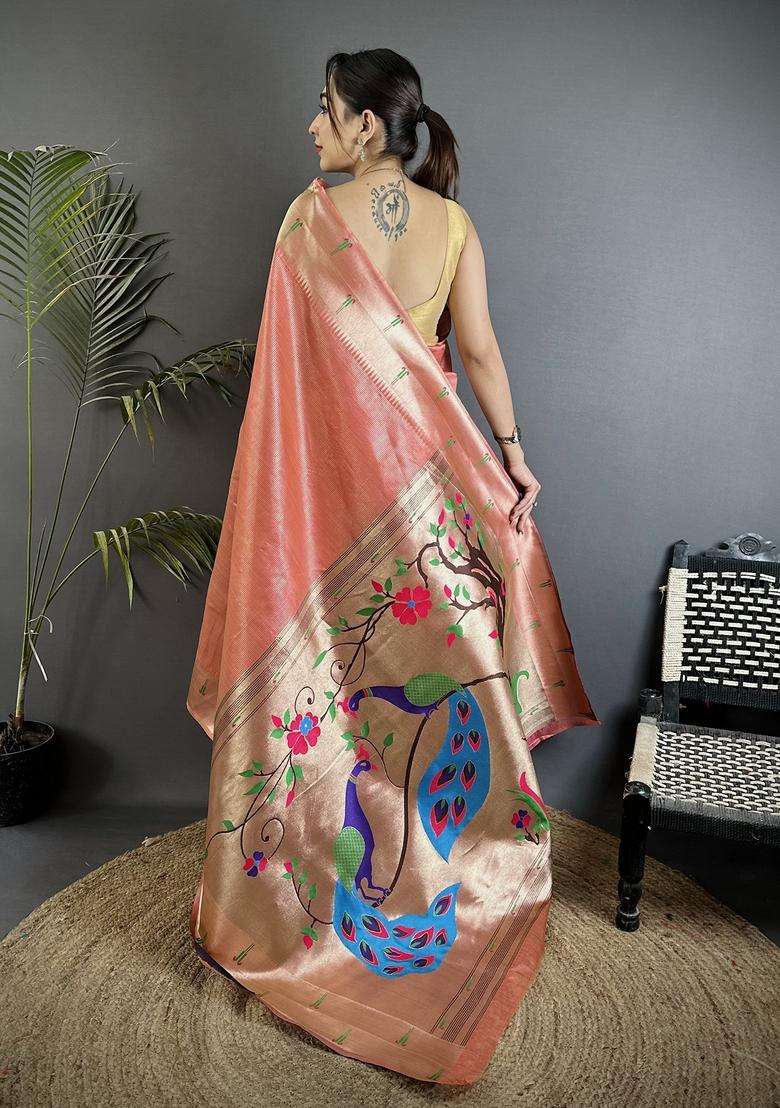 Light Orange Motif Tissue Saree Set for Diwali | Wedding & Festive Wear - Indya