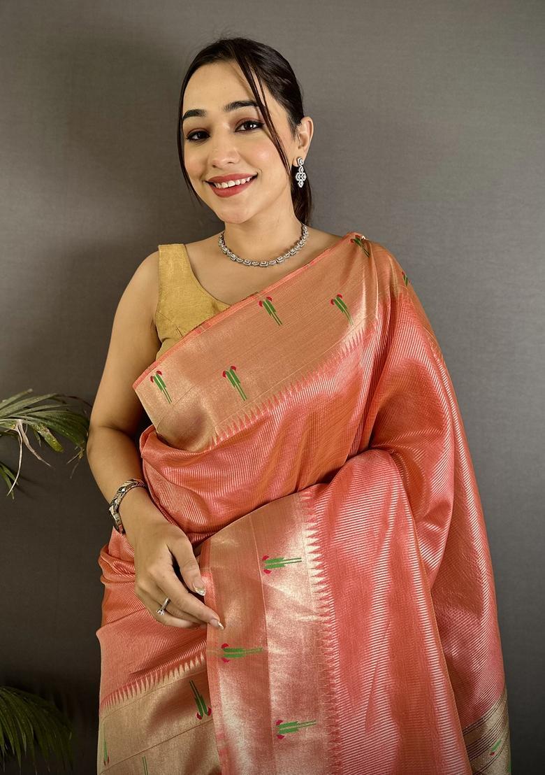 Light Orange Motif Tissue Saree Set - Indya