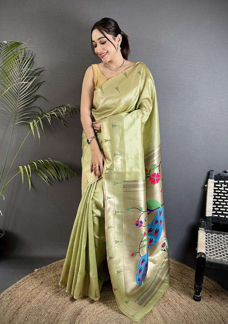 Pista Green Motif Tissue Saree Set for Diwali | Wedding & Festive Wear - Indya