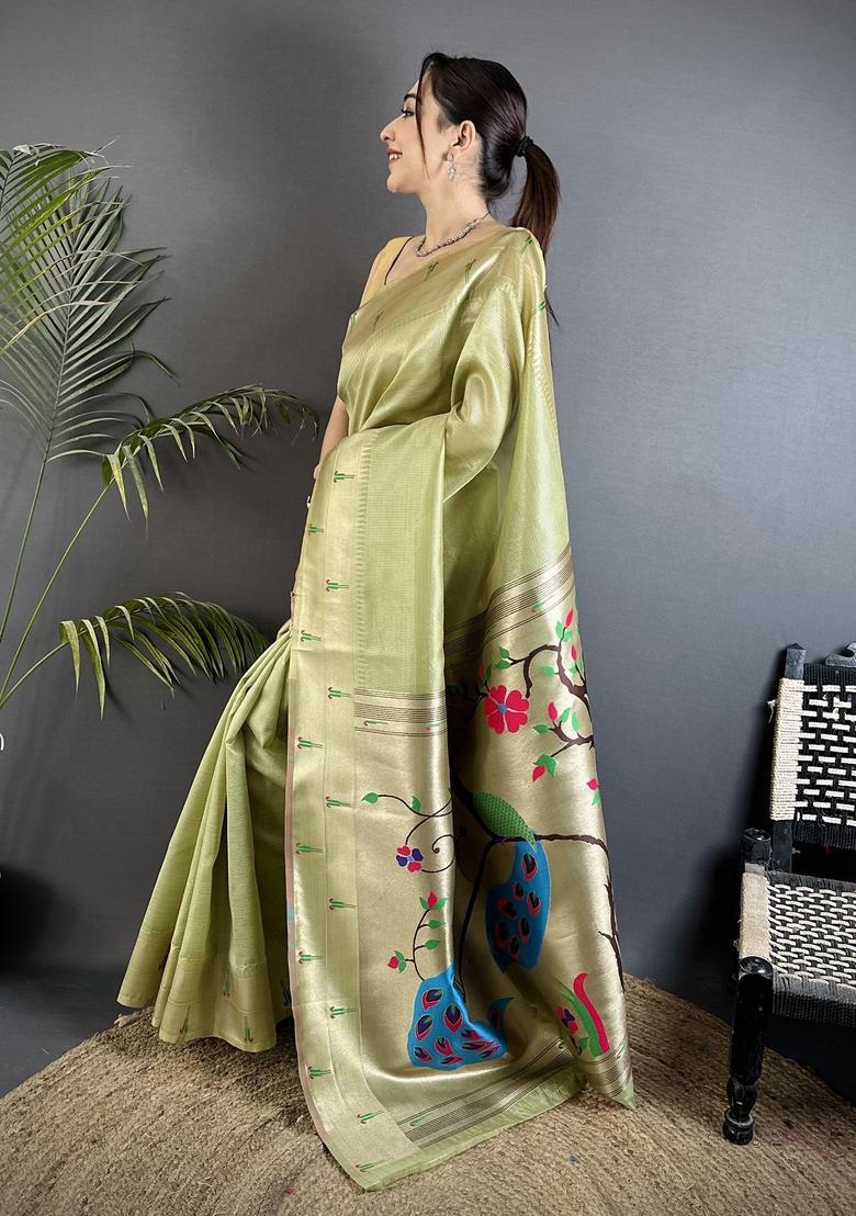Pista Green Motif Tissue Saree Set - Indya