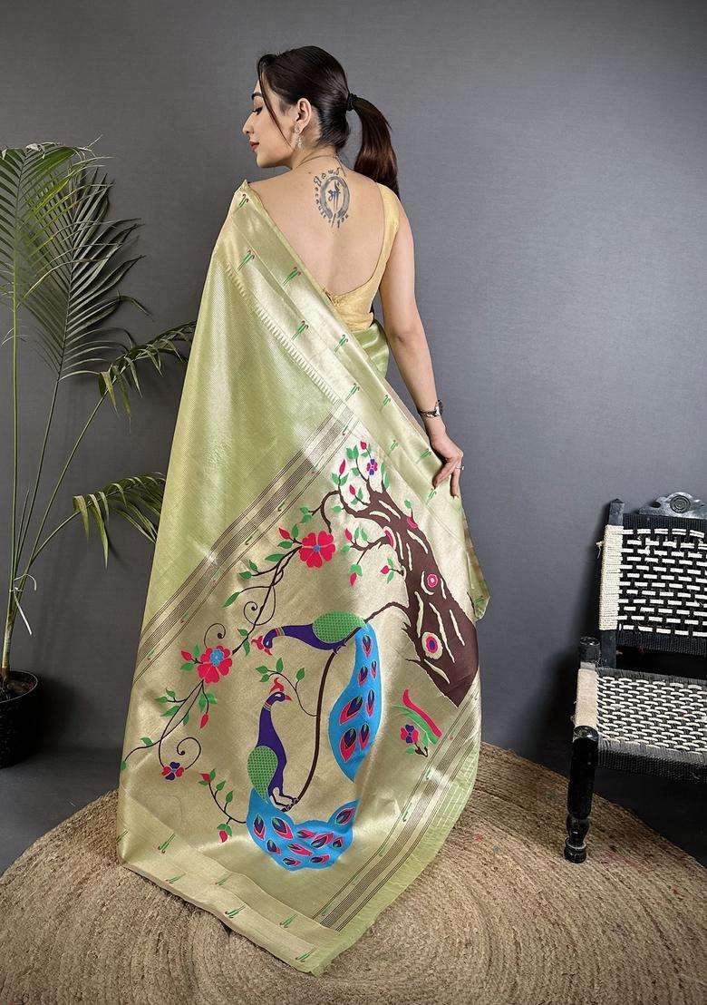Pista Green Motif Tissue Saree Set for Diwali | Wedding & Festive Wear - Indya