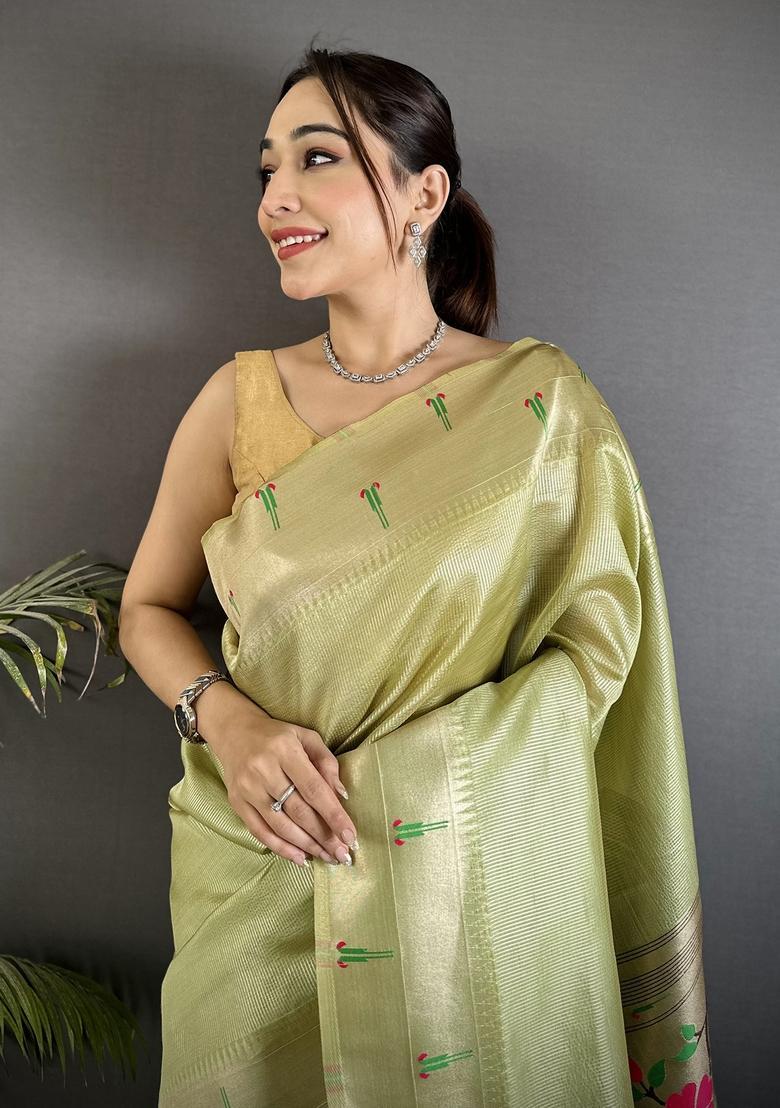 Pista Green Motif Tissue Saree Set - Indya