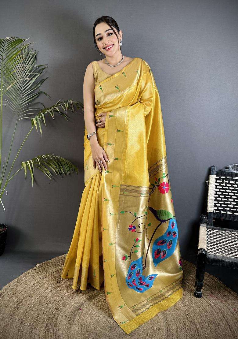 Yellow Motif Tissue Saree Set - Indya