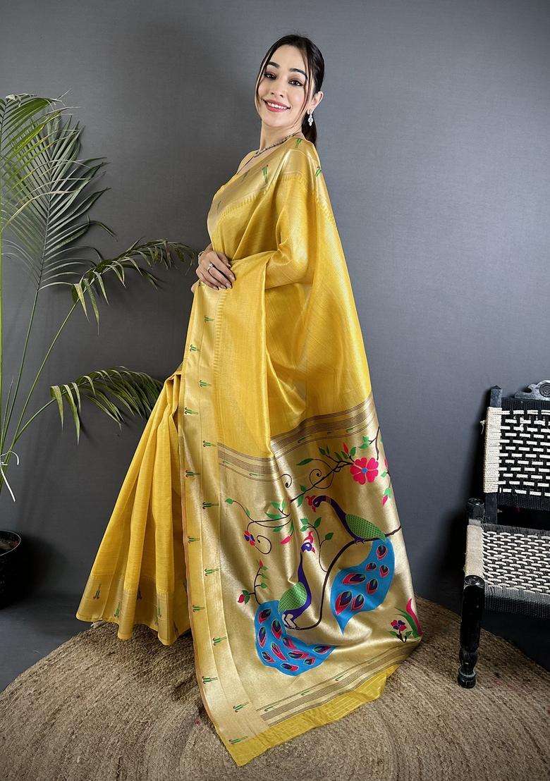 Yellow Motif Tissue Saree Set - Indya