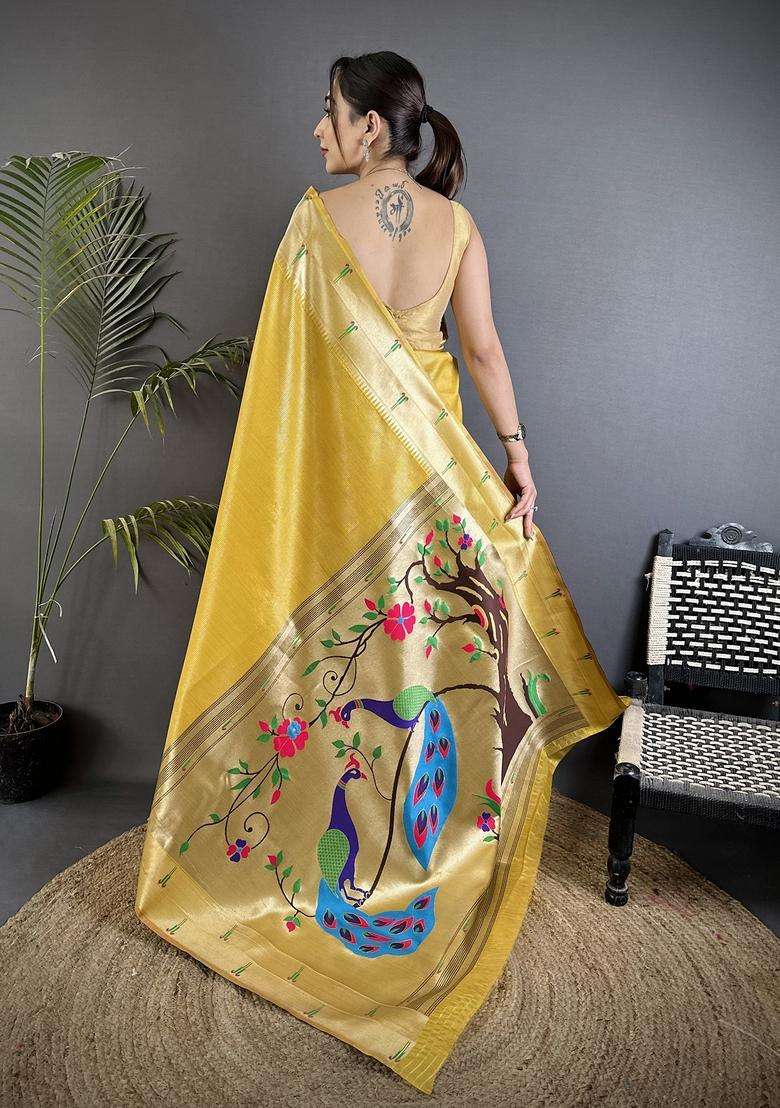 Yellow Motif Tissue Saree Set - Indya