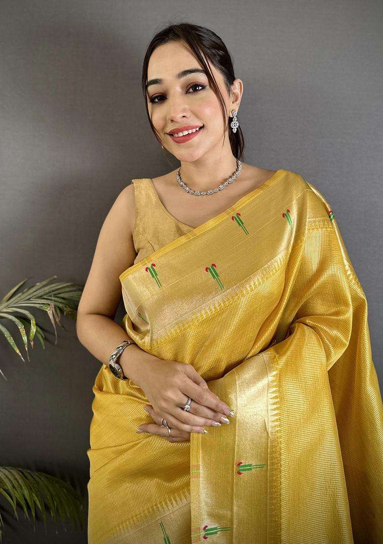 Yellow Motif Tissue Saree Set - Indya