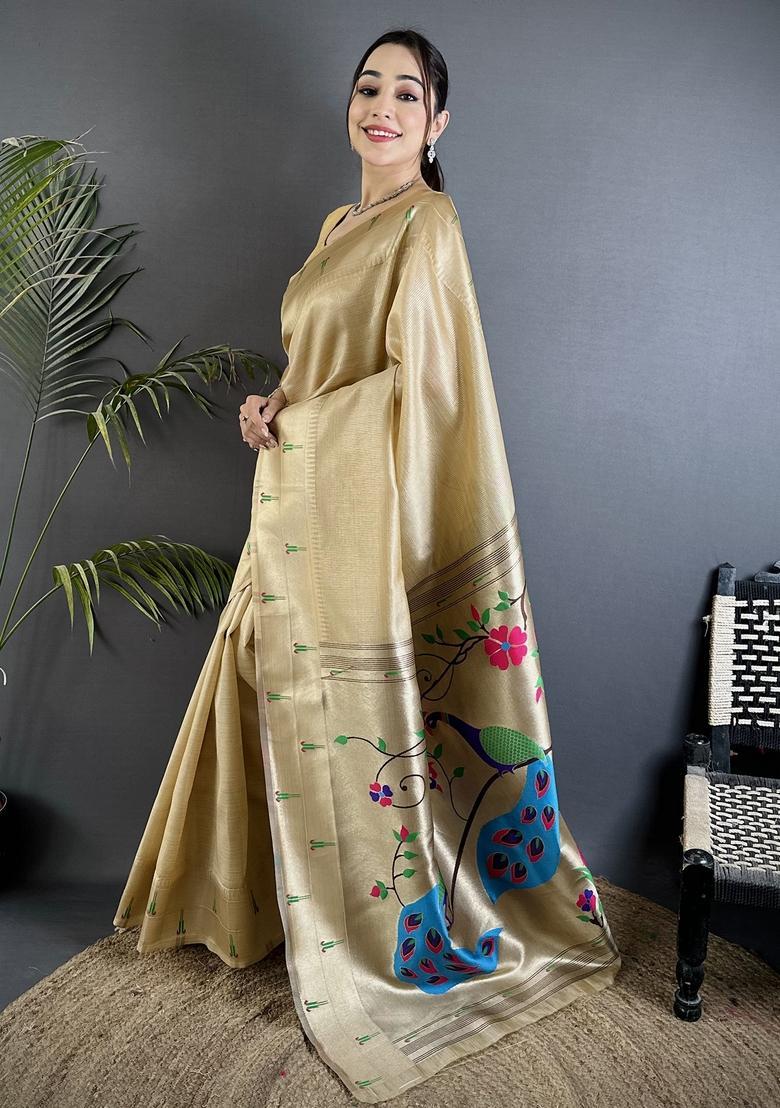 Ivory Motif Tissue Saree Set - Indya