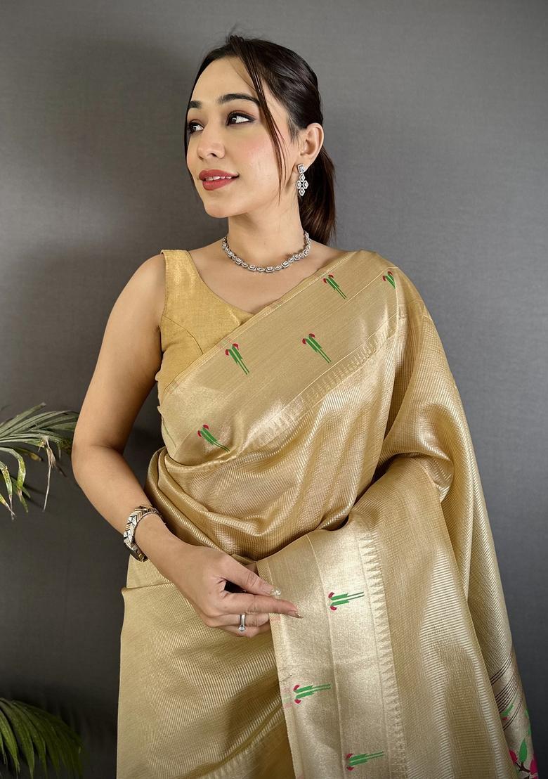 Ivory Motif Tissue Saree Set - Indya