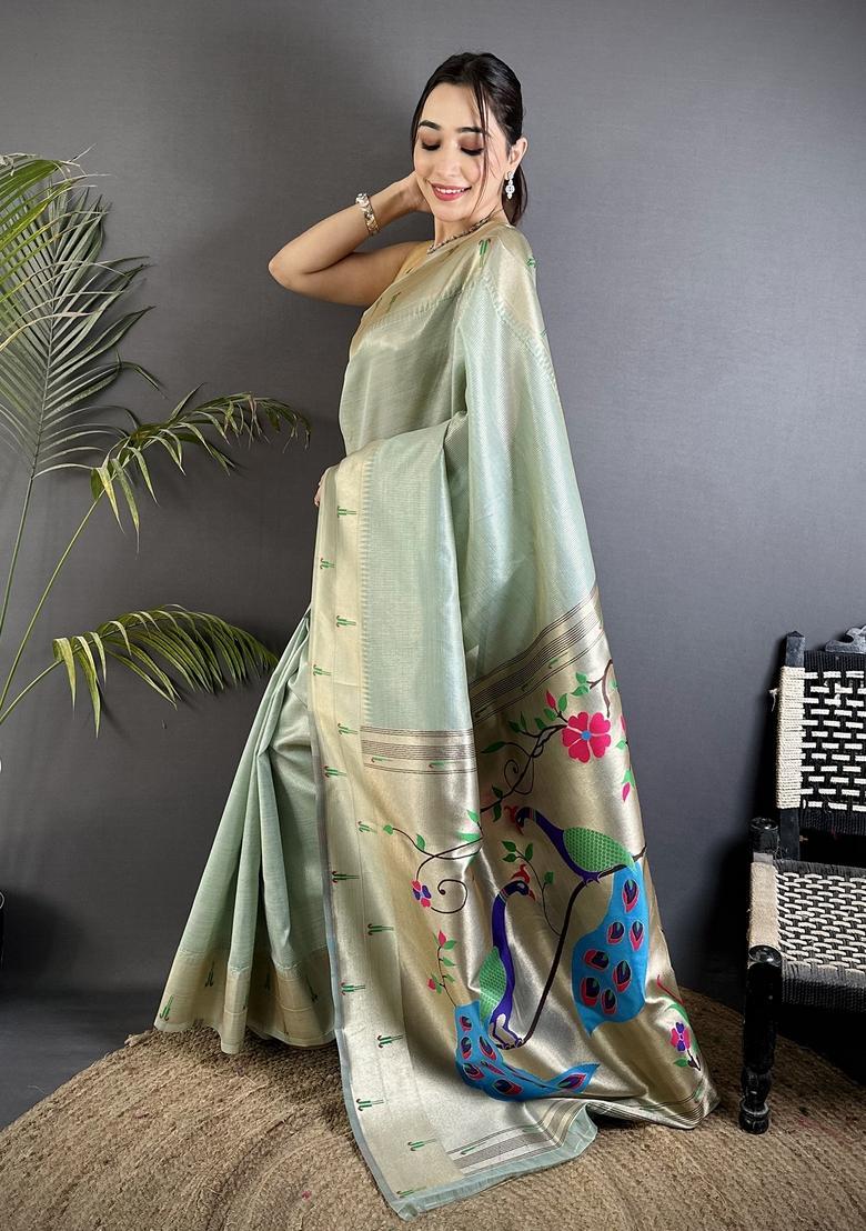 Pale Blue Motif Tissue Saree Set - Indya
