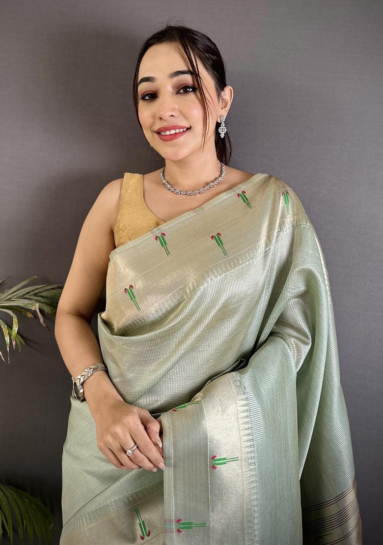 Pale Blue Motif Tissue Saree Set - Indya