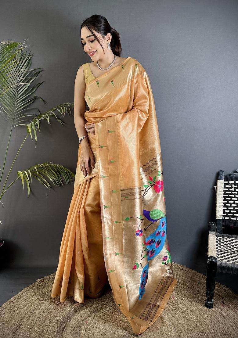Gold Yellow Motif Tissue Saree Set - Indya