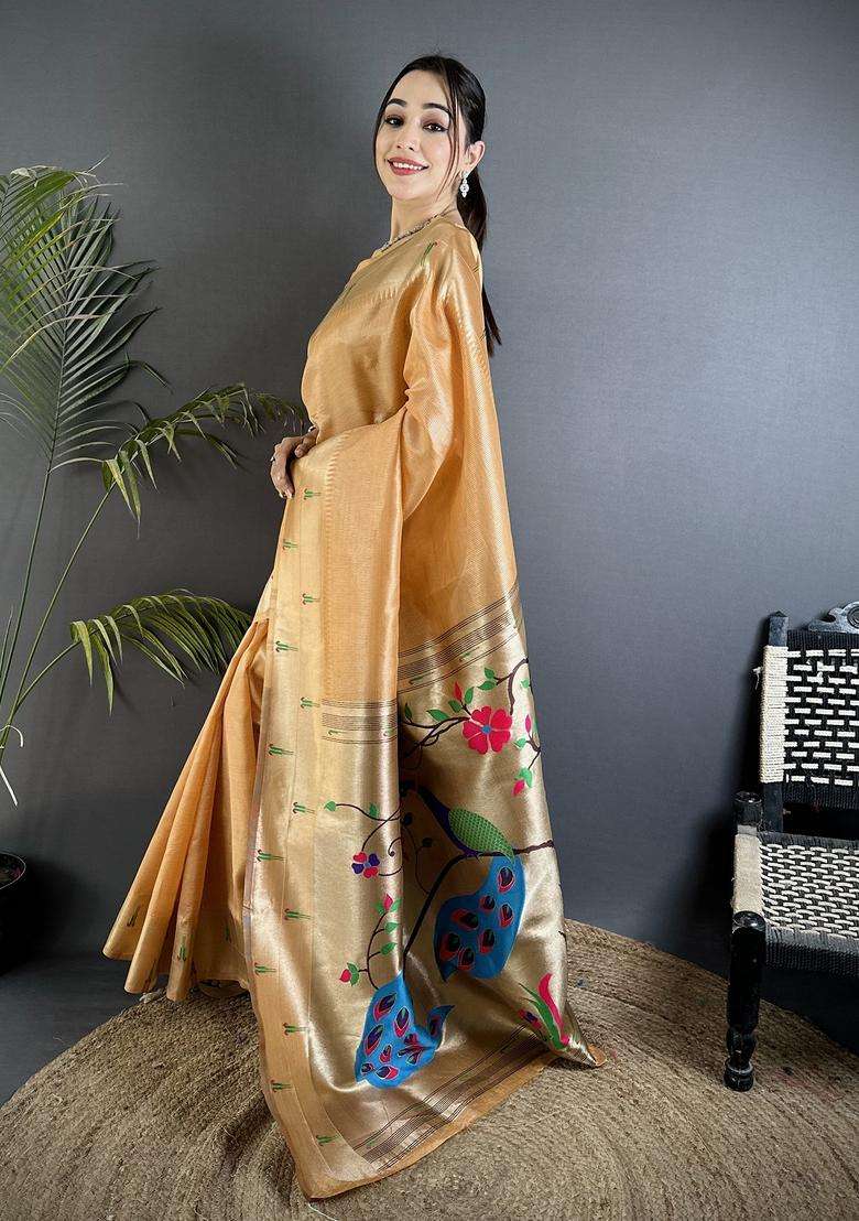 Gold Yellow Motif Tissue Saree Set - Indya