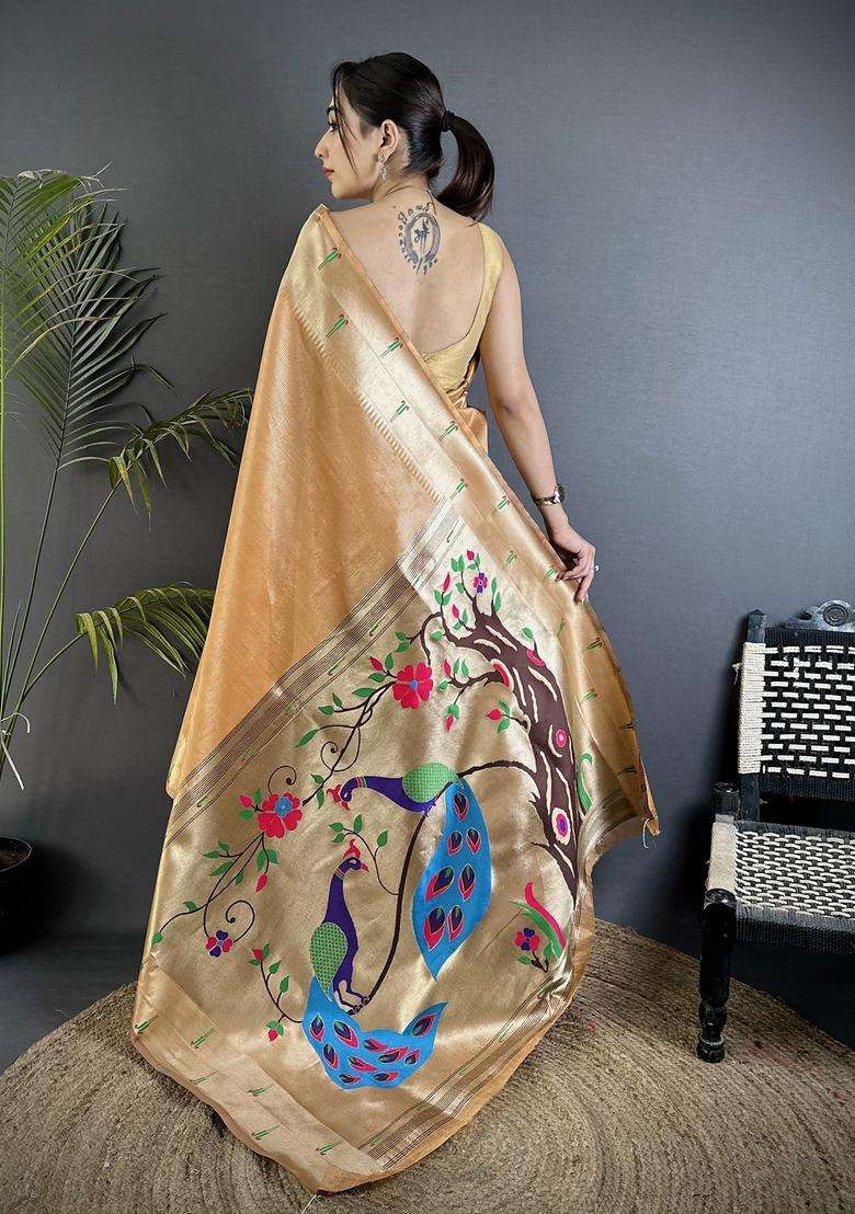 Gold Yellow Motif Tissue Saree Set - Indya