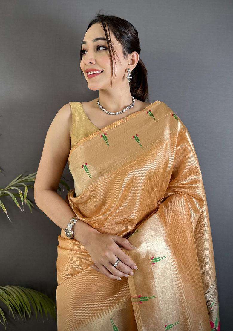 Gold Yellow Motif Tissue Saree Set - Indya