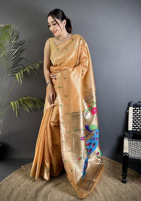 Gold Yellow Motif Tissue Saree Set