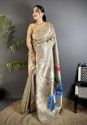 Beige Motif Tissue Saree Set