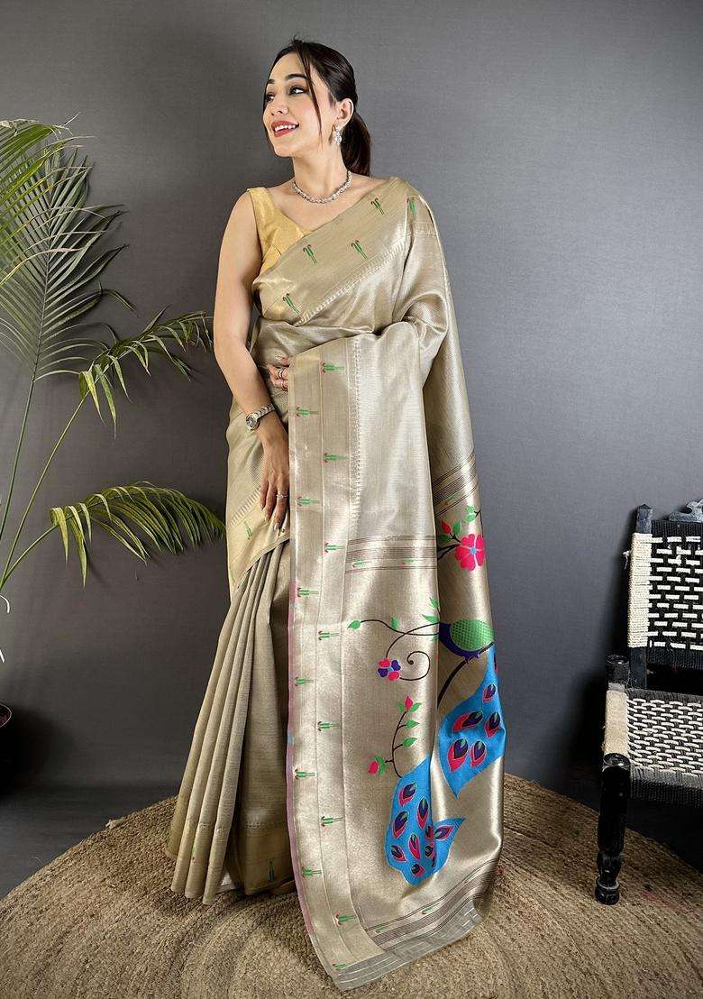 Beige Motif Tissue Saree Set for Diwali and Festive Wear - Indya