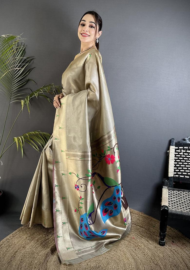 Beige Motif Tissue Saree Set - Indya