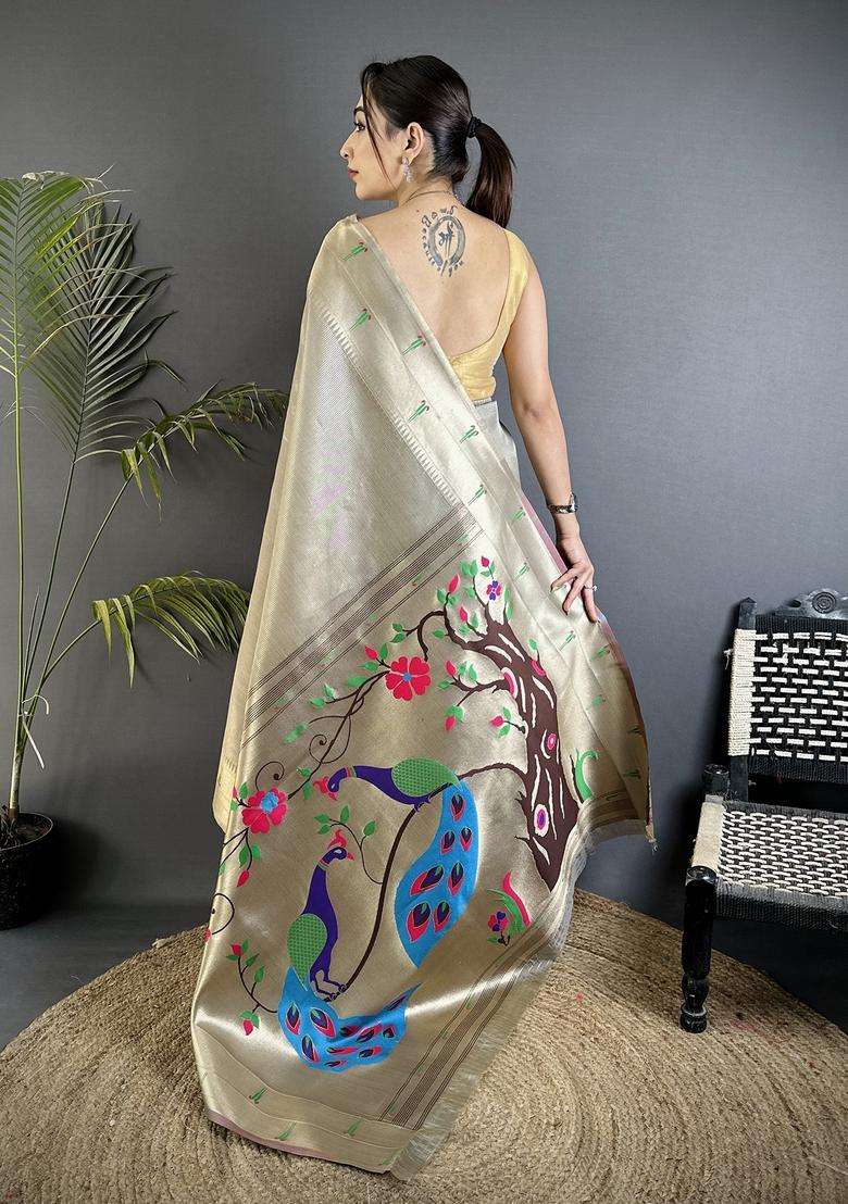 Beige Motif Tissue Saree Set for Diwali and Festive Wear - Indya