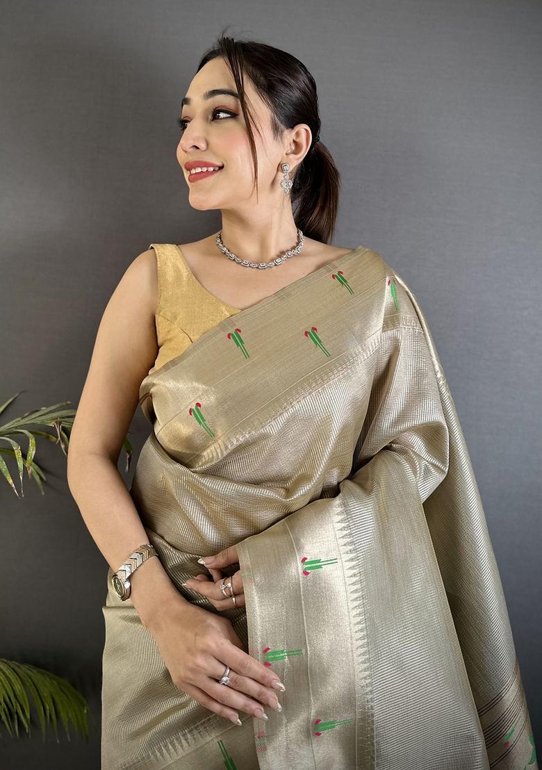 Beige Motif Tissue Saree Set - Indya