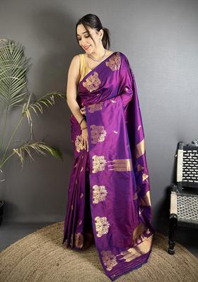 Purple Motif Silk Saree Set