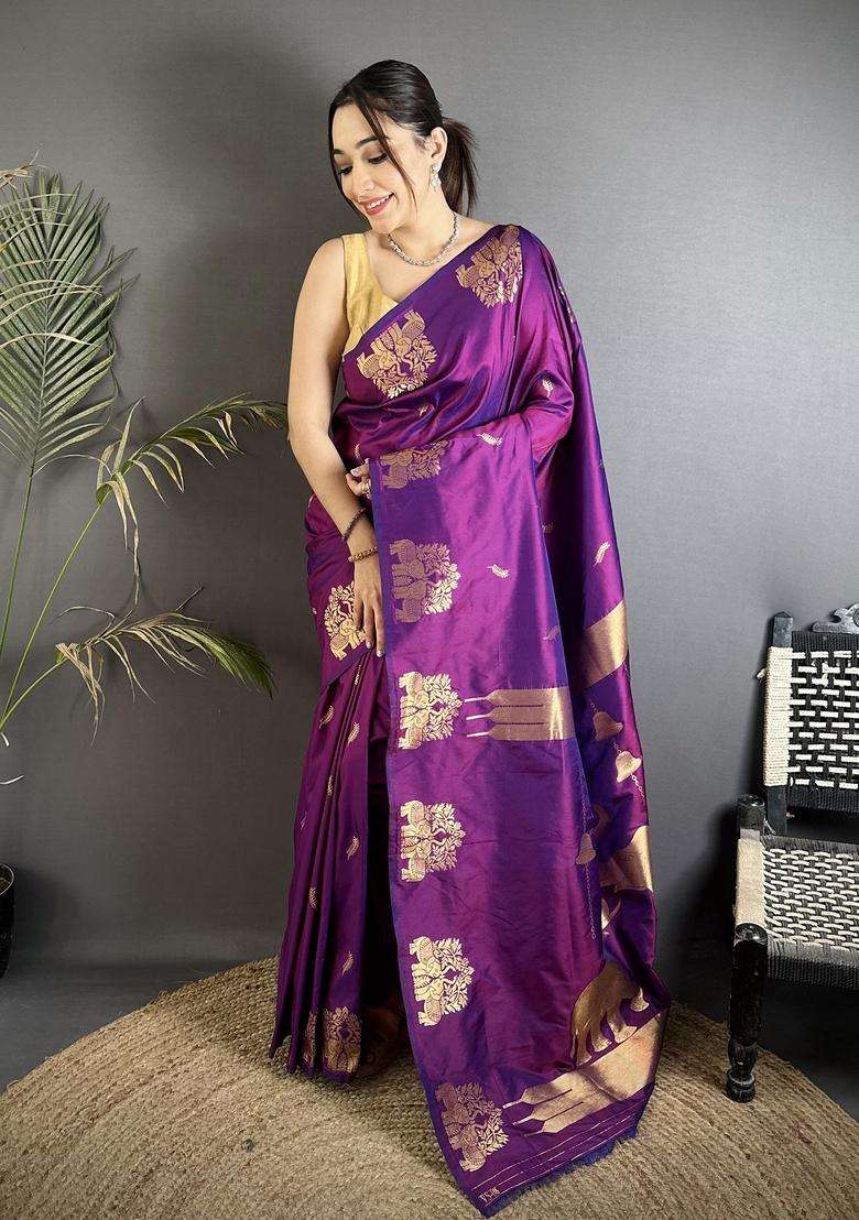 Purple Motif Silk Blend Saree Set for Diwali and Festive Wear - Indya