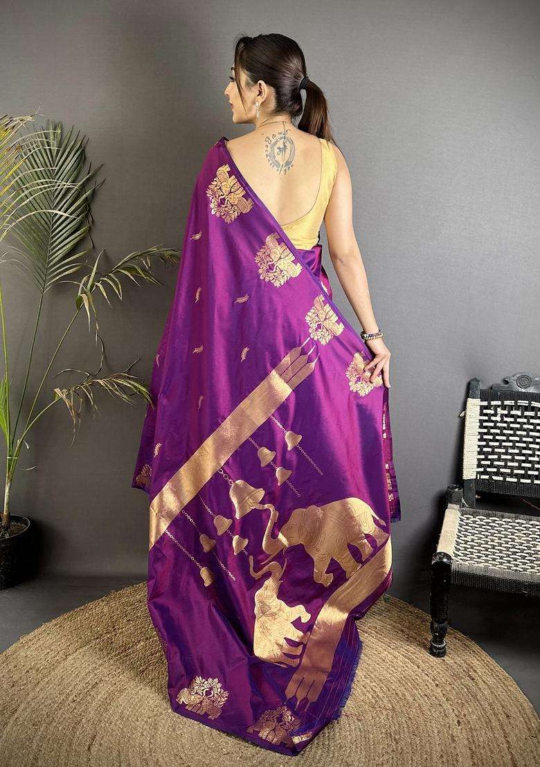 Purple Motif Silk Blend Saree Set for Diwali and Festive Wear - Indya