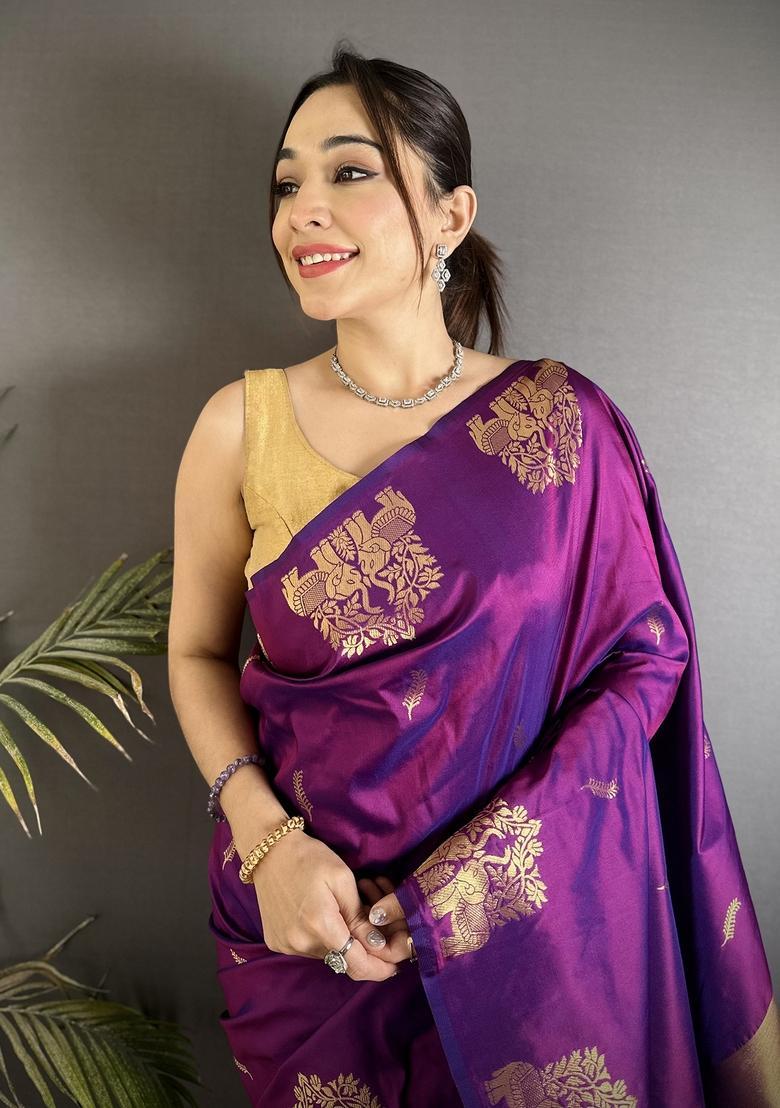 Purple Motif Silk Saree Set - Indya