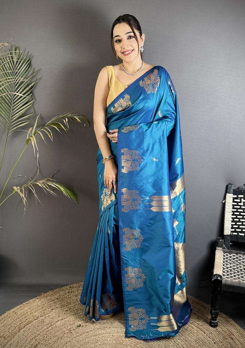 Blue Motif Silk Blend Saree Set for Diwali and Festive Wear - Indya