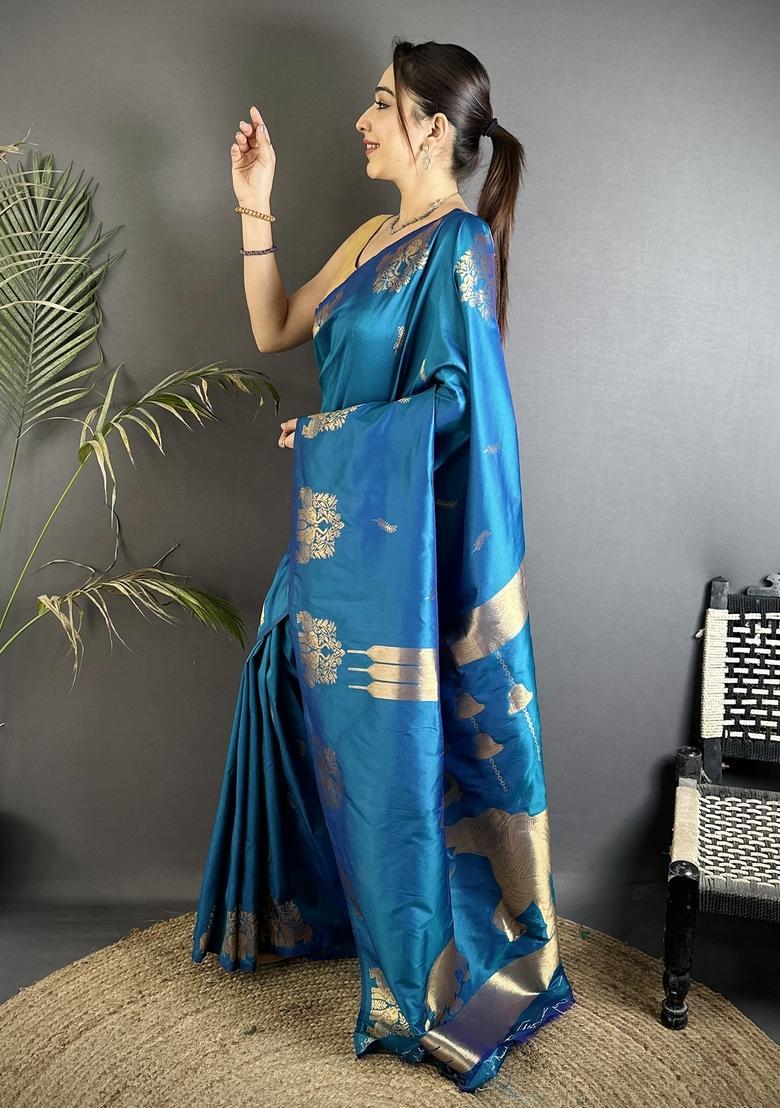 Blue Motif Silk Saree Set - Indya
