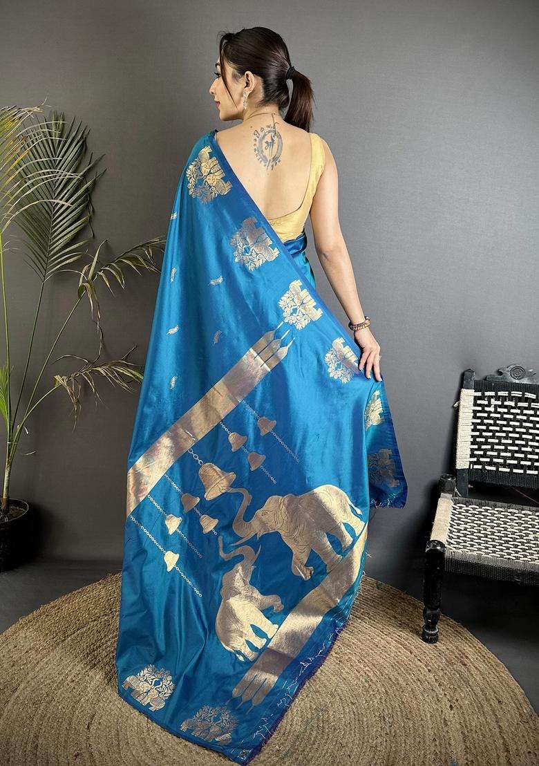 Blue Motif Silk Blend Saree Set for Diwali and Festive Wear - Indya