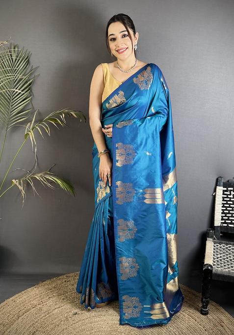 Blue Motif Silk Saree Set