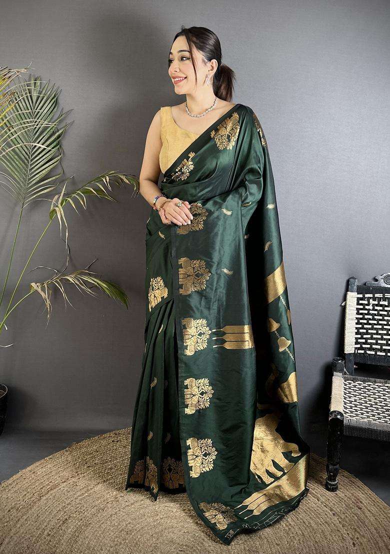 Bottle Green Motif Silk Blend Saree Set for Diwali and Festive Wear - Indya