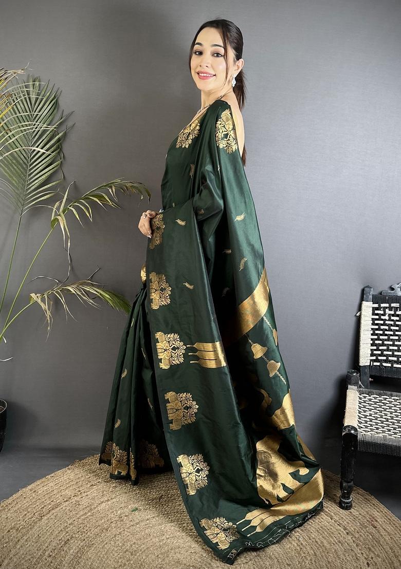 Bottle Green Motif Silk Saree Set - Indya