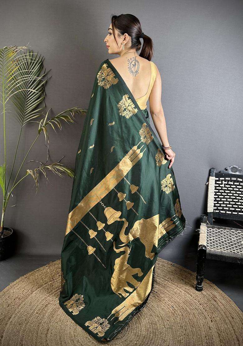 Bottle Green Motif Silk Blend Saree Set for Diwali and Festive Wear - Indya