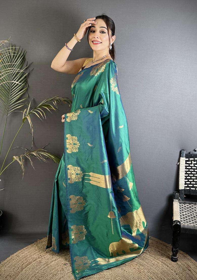 Dark Teal Motif Silk Blend Saree Set for Diwali and Festive Wear - Indya