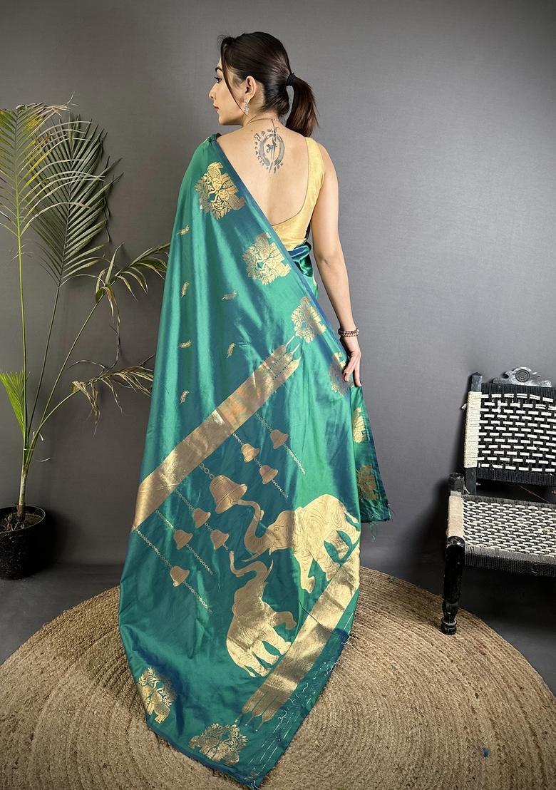 Dark Teal Motif Silk Saree Set - Indya