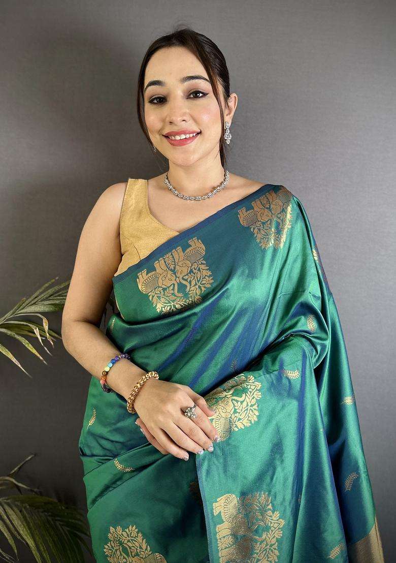 Dark Teal Motif Silk Blend Saree Set for Diwali and Festive Wear - Indya